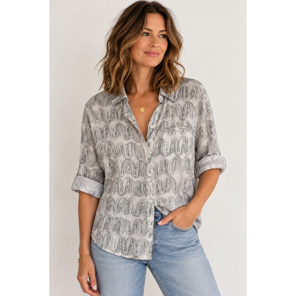Lafayette 148 New York Grey Wavy Abstract Print Linen Button Down Shirt Large